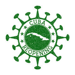 Cuba Reopening Stamp. Green round badge of country with map of Cuba. Country opening after lockdown. Vector illustration.