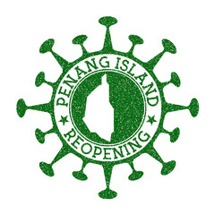Penang Island Reopening Stamp. Green round badge of island with map of Penang Island. Island opening after lockdown. Vector illustration.