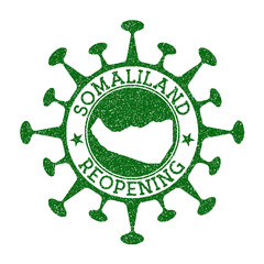 Somaliland Reopening Stamp. Green round badge of country with map of Somaliland. Country opening after lockdown. Vector illustration.