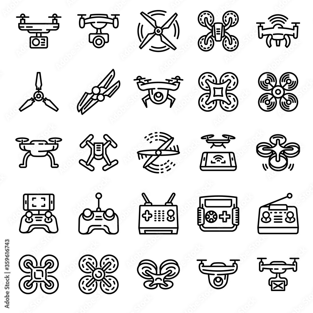 Poster drone icons set. outline set of drone vector icons for web design isolated on white background