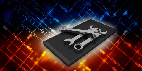 3d rendering mobile phone with  wrench and spanner
