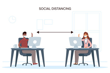 interracial couple wearing medical masks and social distancing in workplace