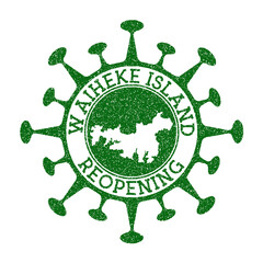 Waiheke Island Reopening Stamp. Green round badge of island with map of Waiheke Island. Island opening after lockdown. Vector illustration.