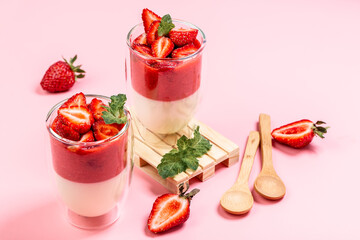 Italian dessert panna cotta with strawberry and mint on a pink background. banner menu recipe place for text