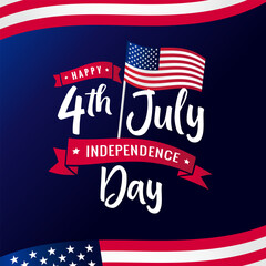 Happy 4th of July, Independence day USA calligraphy blue banner. Typography for greeting card, decoration and covering with flag. Concept poster of Fourth of July
