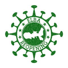 Elba Reopening Stamp. Green round badge of island with map of Elba. Island opening after lockdown. Vector illustration.