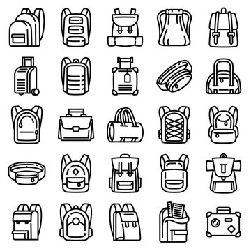 Backpack icons set. Outline set of backpack vector icons for web design isolated on white background