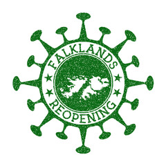 Falklands Reopening Stamp. Green round badge of country with map of Falklands. Country opening after lockdown. Vector illustration.