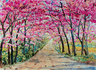 Naklejka na ściany i meble Painting watercolor landscape Tunnel of Wild himalayan cherry