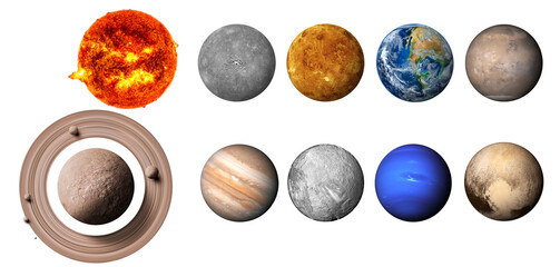 The solar system consists of the Sun, Mercury, Venus, Earth, Mars, Jupiter, Saturn, Uranut, Neptune, Pluto. isolated with clipping path on white background.Elements of this image furnished by NASA - obrazy, fototapety, plakaty