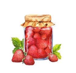 Jam with strawberry and berries. Watercolor in vintage style