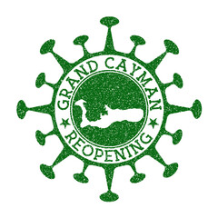 Grand Cayman Reopening Stamp. Green round badge of island with map of Grand Cayman. Island reopening after lockdown. Vector illustration.