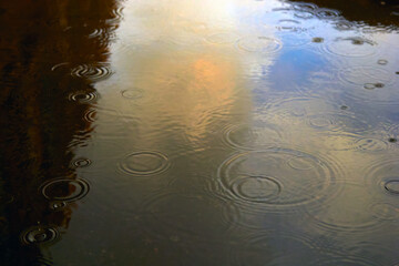 Drops of rain bubbling in a puddle with the reflection of light