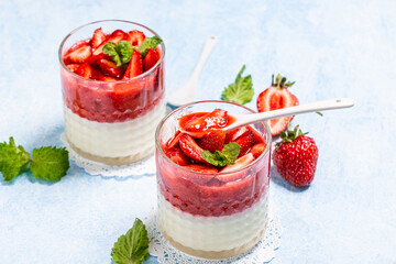 Dessert panna cotta strawberry, mint and berries light background. banner menu recipe place for text