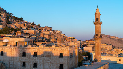 Mardin old city cityscape with Sehidiye mosque minaret, Mardin, Turkey