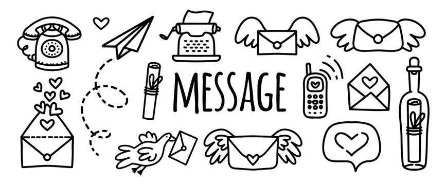 Vector doodles set message,letter,typewriter, paper airplane, phone, mobile phone, letter with wings,a bottle with a letter. Naor doodle stickers to illustrate communication of people on the Internet