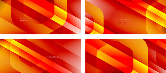 Set of hexagon geometric shapes and fluid gradients with 3d shadow and light straight lines, minimal abstract backgrounds