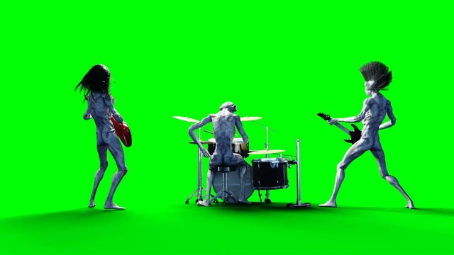 Funny alien rock band. Bass, drum, guitar. Realistic motion and skin shaders. 4K green screen footage.