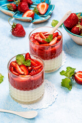 strawberry panna cotta, on a light background, view from above