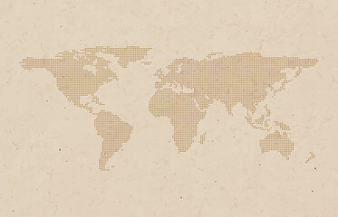Fototapeta na wymiar Dotted world map vector background. Grunge brown paper texture style