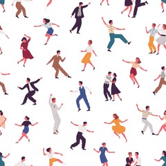 Fototapeta na wymiar Joyful colorful people dancing vector flat illustration. Happy man, woman and pair in elegant clothes performing dance elements seamless pattern. Male and female demonstrate Lindy hop or Swing