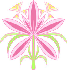 Stylized pink lily or orchid flower with green leaves.