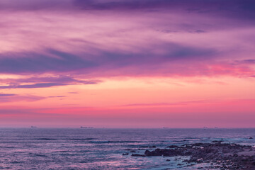 Seascape, sunset over the sea. Atlantic ocean in the evening. Beautiful nature