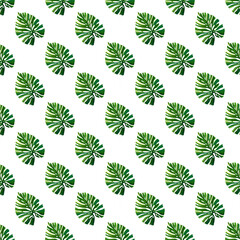 Jungle digital pattern with monstera palm leaves on white background. Seamless summer tropical fabric design. Hand drawn illustration