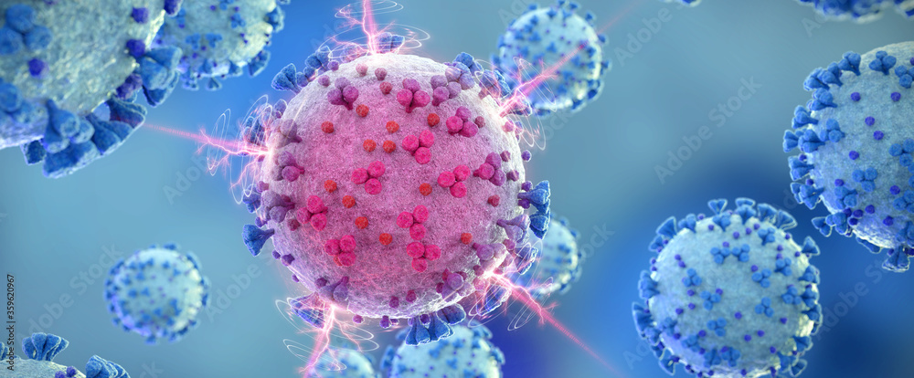 Poster microscopic close-up of the covid-19 disease. coronavirus illness spreading in body cell. 2019-ncov 