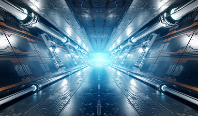 White and silver futuristic spaceship interior with window view on planet Earth 3d rendering © sdecoret