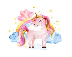 Isolated cute watercolor unicorn and rainbow clipart. Nursery unicorns illustration. Princess unicorns poster. Trendy pink cartoon horse.