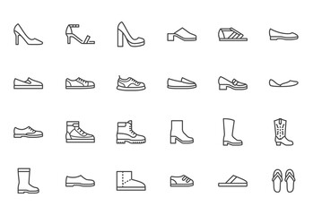 Shoe line icon set. High heels sandal, cowboy boots, hiking footwear, sneakers, slipper minimal vector illustrations. Simple outline signs for fashion application. Pixel Perfect. Editable Stroke