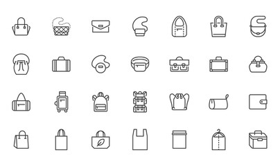 Bags line icon set. Purse types - tote, briefcase, fanny pack, shopper, luggage, plastic bag minimal vector illustrations. Simple outline signs for fashion app. Pixel Perfect. Editable Strokes