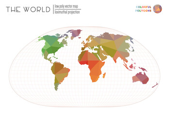 Abstract world map. Loximuthal projection of the world. Colorful colored polygons. Awesome vector illustration.