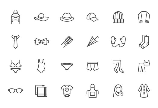 Clothing accessory line icon set. Bow tie, handkerchief, woman hat, sunglasses, umbrella, hijab minimal vector illustrations. Simple outline signs for fashion app. Pixel Perfect. Editable Stroke