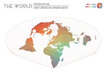 World map in polygonal style. Allen K. Philbrick's Sinu-Mollweide projection of the world. Spectral colored polygons. Beautiful vector illustration.