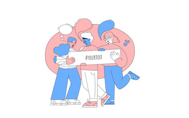 Happy young people are holding a sign with the inscription. Template for the slogan. Diverse people in flat cartoon style communicate, community meeting concept. Illustration for web design.