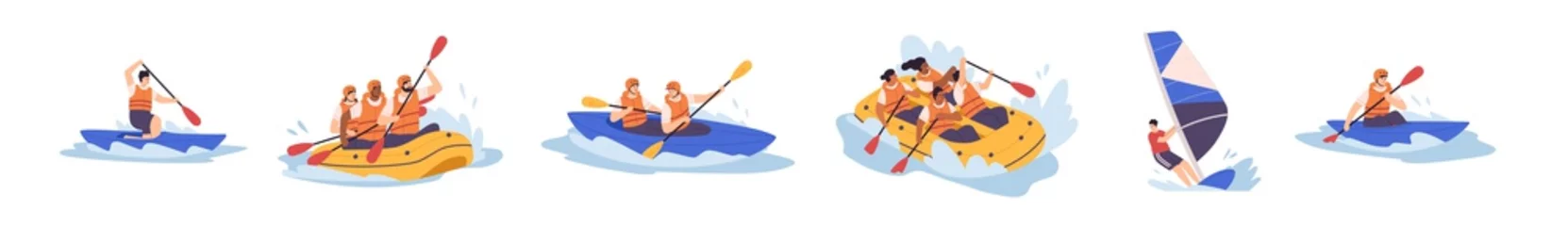 Foto op Canvas Set of people enjoy active water sports vector illustration. Collection of extreme man and woman rafting, kayaking, canoeing and sailing isolated. Diverse person in protective helmet and vest © Good Studio