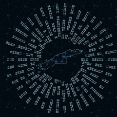 Hydra digital map. Binary rays radiating around glowing island. Internet connections and data exchange design. Vector illustration.