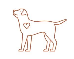 Cute dog with heart vector flat illustration in line art style. Funny domestic animal isolated on white background. Pet care and doggy lover. Amusing pup outline symbol