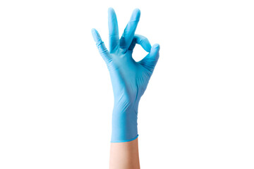 Doctor's hand in sterile medical gloves in gesture of okay isolated on white