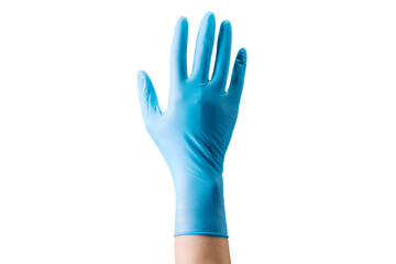 Doctor's hand in medical gloves showing palm isolated on white
