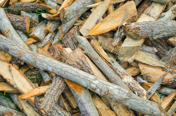 Chopped wood for the fireplace close-up. Wooden logs. Autumn natural background. Copy space. Selective focus image.
