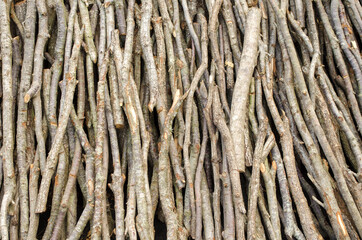 Chopped wood for the fireplace close-up. Wooden logs. Autumn natural background. Copy space. Selective focus image.