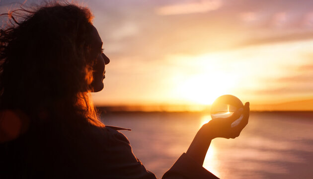 Silhouette of happy dreaming woman on sunset. Happiness and harmony concept. Portrait closeup photo with copyspace.