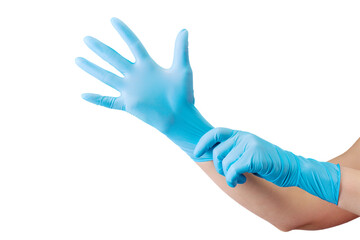 Doctor wearing a medical glove on hands isolated on white