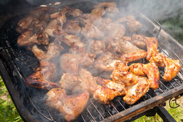 A lot of tasty, delicious, savoury meet (chicken wings) with pleasant odor and meat haze on the grill in the village