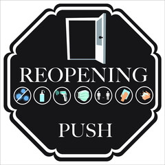 Naklejka premium Push door. REOPENING text and practical prevention tips for the prevention of COVID19 coronavirus contamination. Service, restaurant, shop and cafe re-opening. Template: door sign, banner, blog.