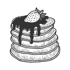 pancakes with syrup and strawberry sketch engraving vector illustration. T-shirt apparel print design. Scratch board imitation. Black and white hand drawn image.
