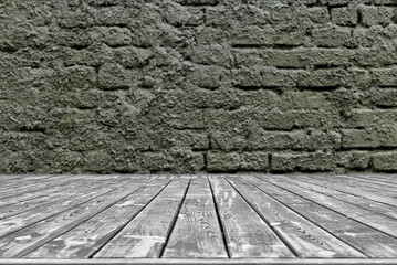 Empty wooden shelf on pastel grunge black brick wall, Mock up template for display of product